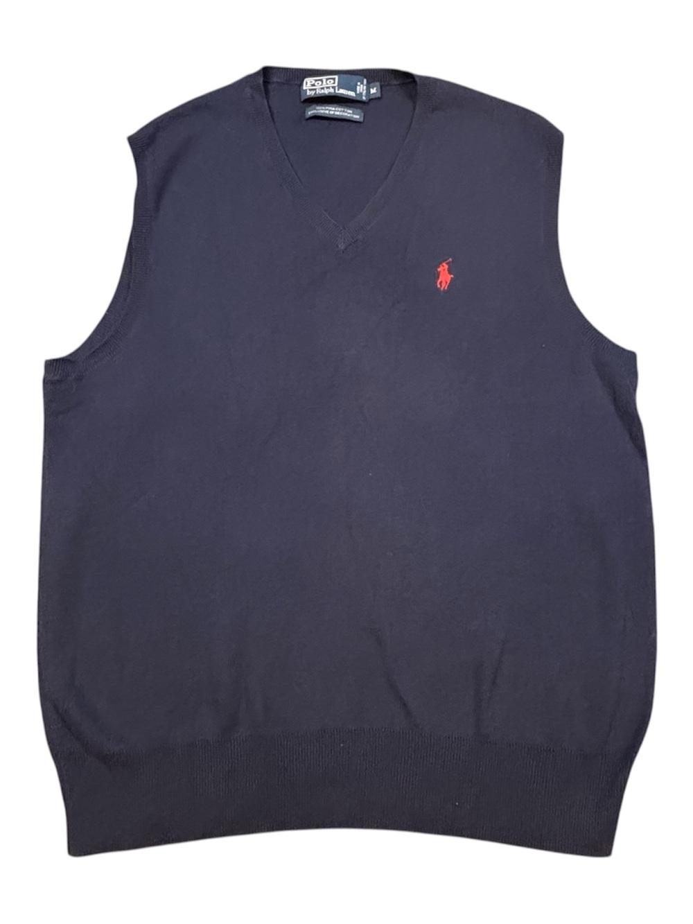 Polo Ralph Lauren Men Medium Navy Blue Pima Cotton Pullover Vest Sweater V-Neck